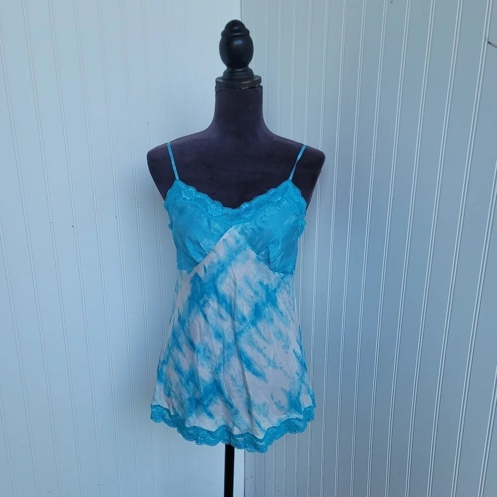 RICHARD MALCOLM BLUE 100% SILK Cami TOP Crinkle Lace Spaghetti Straps Sz M